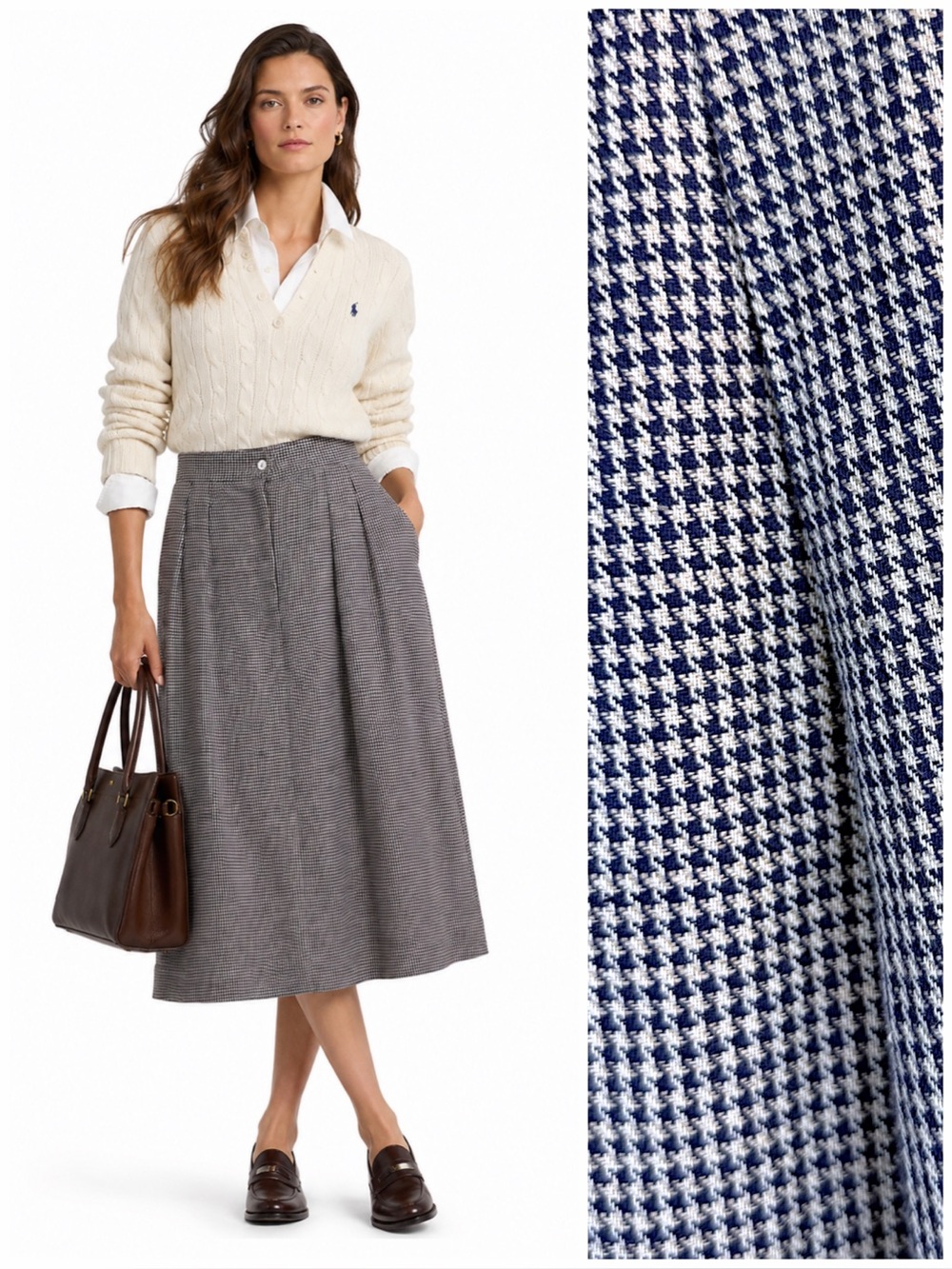 Vintage Nautica Linen Blend Houndstooth Midi Skirt Preppy Coastal 10